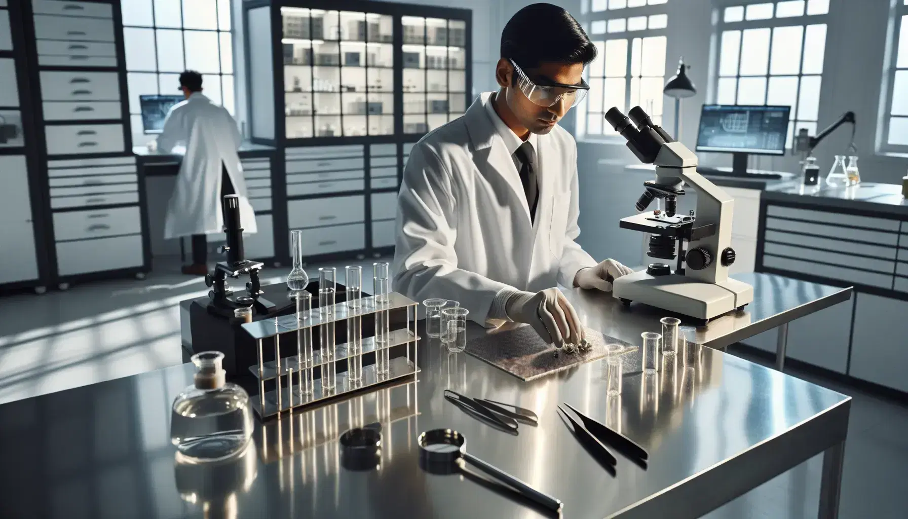 Criminologo sudasiatico analizza prove su tavolo metallico con microscopi e provette in laboratorio forense, collega ispanico al computer.