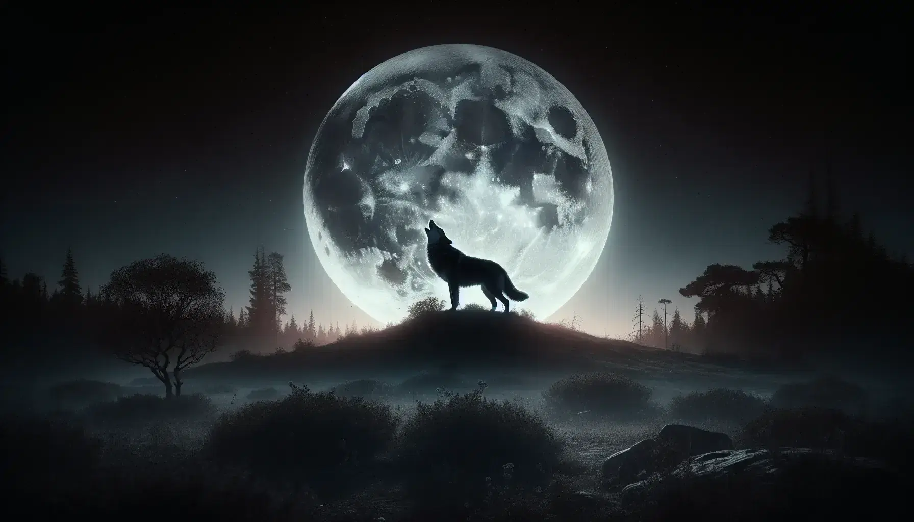 Luna llena brillante en cielo nocturno sobre paisaje silvestre con lobo aullando en colina y árboles en contraluz.