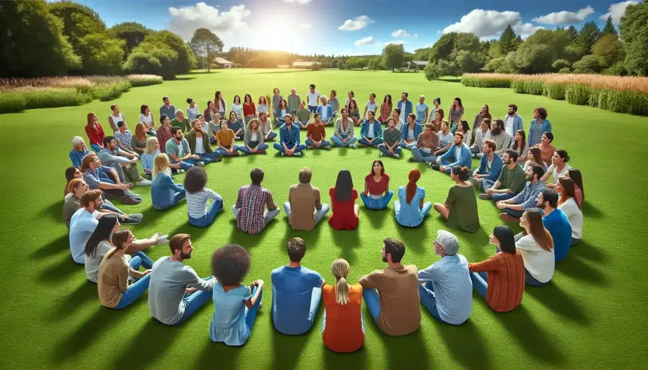 Gruppo eterogeneo di persone in cerchio su prato verde, interagendo in attività all'aperto, con alberi e cielo azzurro sullo sfondo.