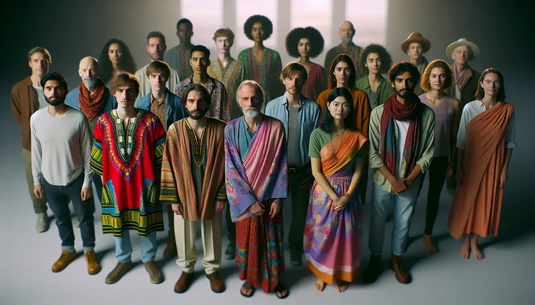 Multi-ethnic group of people in traditional and modern clothing forms a semi-circle, expressing cultural unity and diversity.