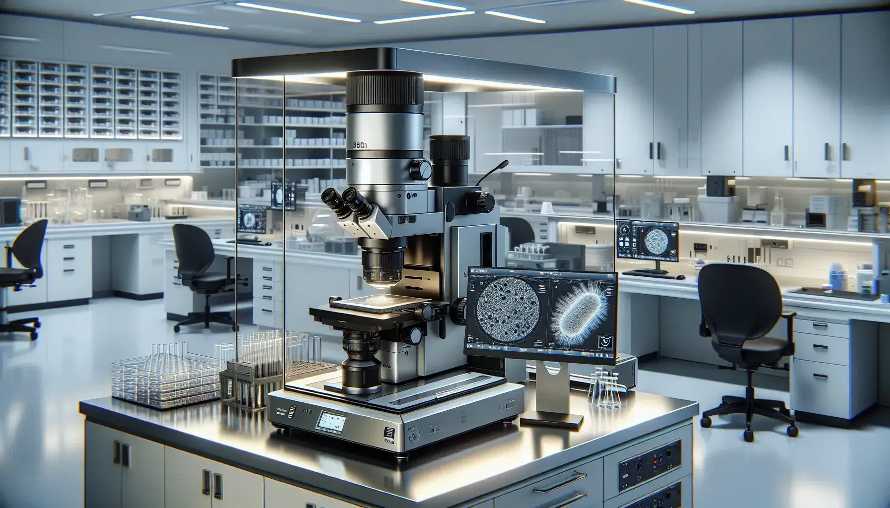 Microscopio elettronico a trasmissione di ultima generazione in laboratorio di ricerca moderno con strumenti scientifici sullo sfondo e campione biologico in primo piano.