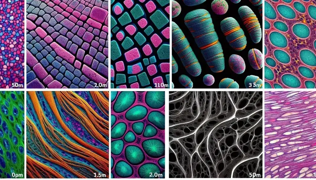 Micrografías electrónicas colorizadas de tejidos: epitelial con células poligonales, conectivo con fibras entrelazadas, muscular estriado y nervioso con neuronas y extensiones.