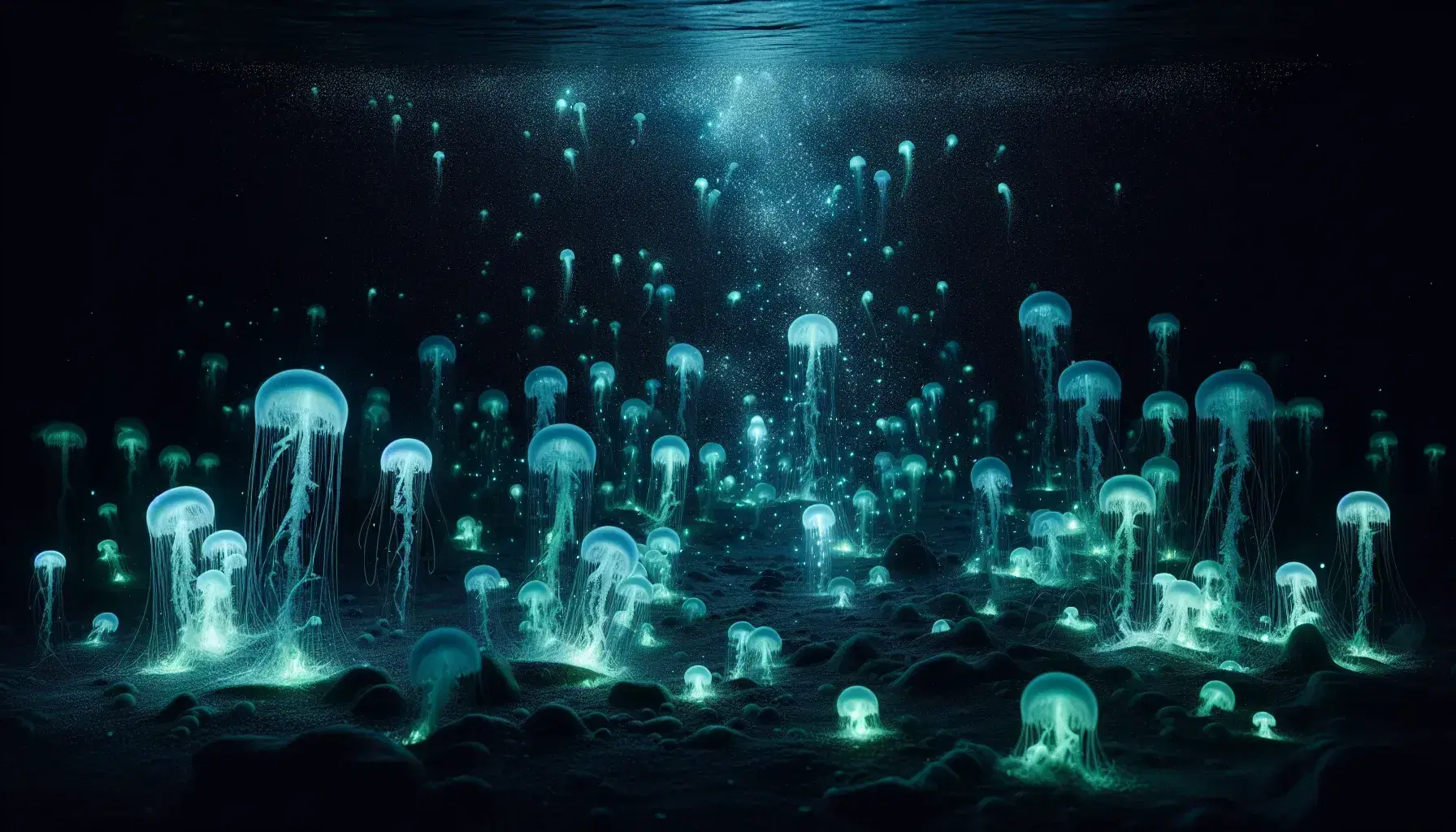 Meduse fluorescenti blu-verdi illuminano l'acqua marina notturna, sospese con filamenti ondulanti, in un'atmosfera misteriosa senza distrazioni visive.