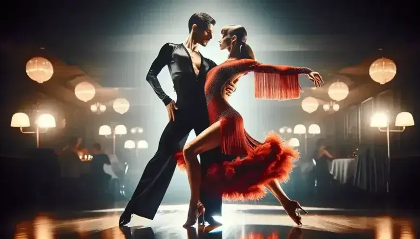 Coppia di ballerini in abiti da ballo latino, uomo in nero e donna in abito rosso con frange, in posa chiusa su pista da ballo sfocata.