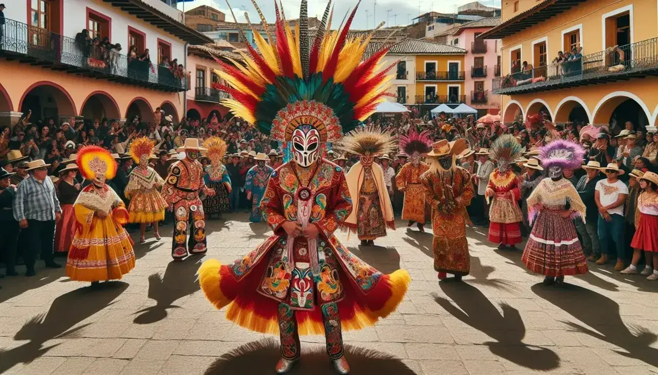 Bailarín en traje tradicional con tocado de plumas danza en celebración cultural al aire libre, rodeado de participantes con máscaras y espectadores en una plaza soleada.