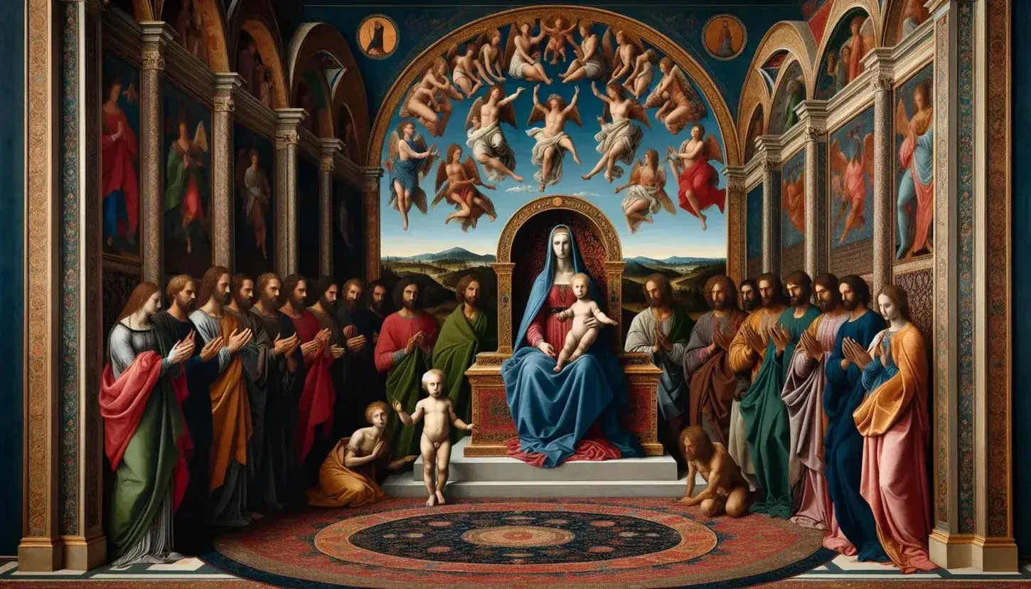 Dipinto rinascimentale con Madonna in trono e Bambino benedicente, circondati da sei figure maschili e angeli musicanti su sfondo azzurro.