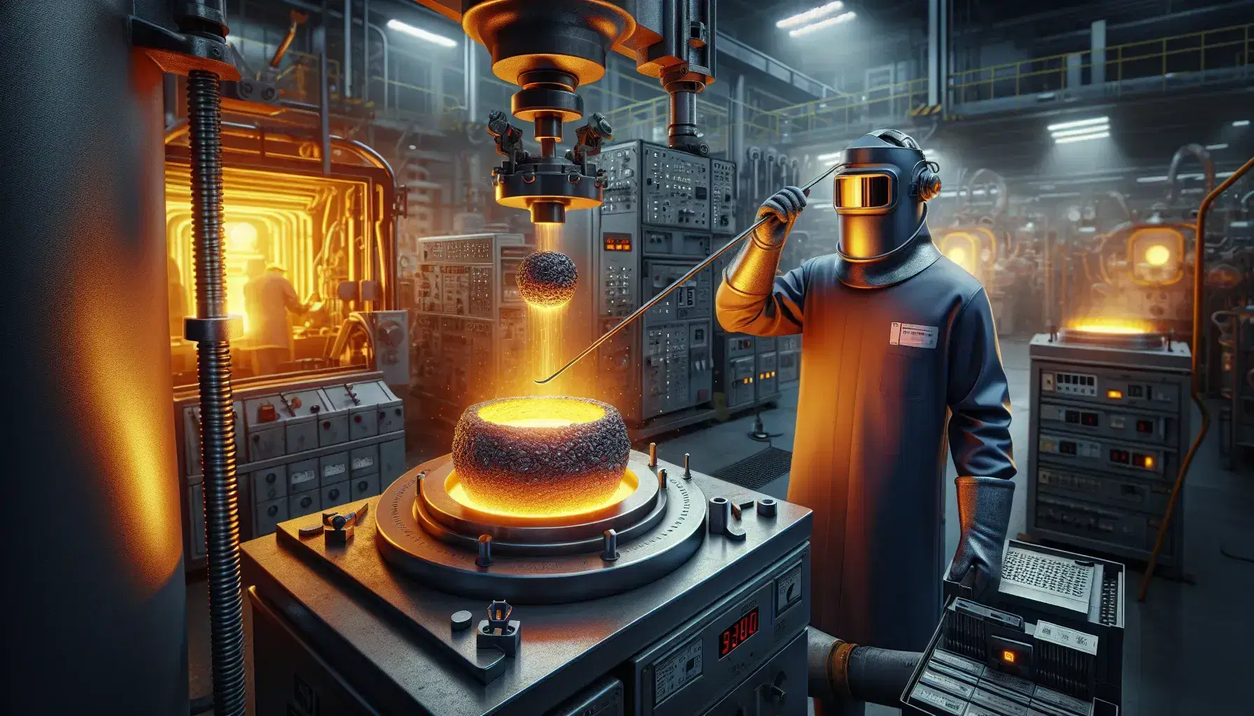 Laboratorio di metallurgia con crogiolo incandescente e tecnico in tuta protettiva che maneggia campione di lega metallica.