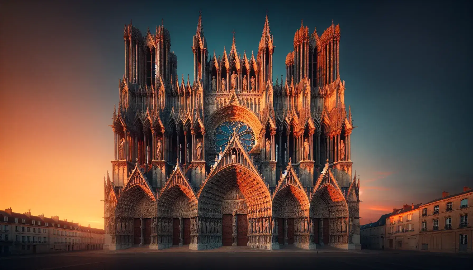 Facciata occidentale della Cattedrale di Reims al tramonto con dettagli gotici illuminati, roseo cielo sereno e torri gemelle in silhouette.