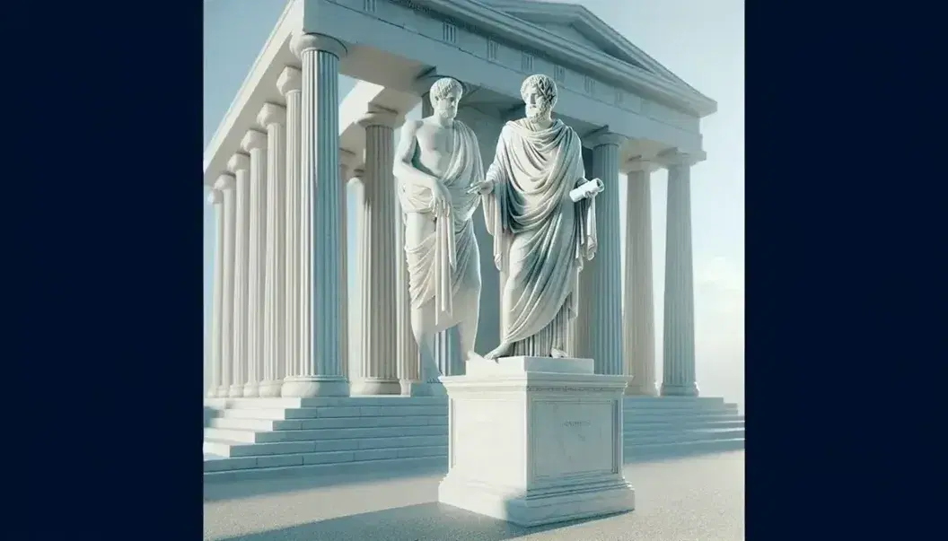 Estatua de mármol blanco de filósofo griego antiguo con túnica y papiro, sobre pedestal, frente a columnas dóricas bajo cielo azul claro.