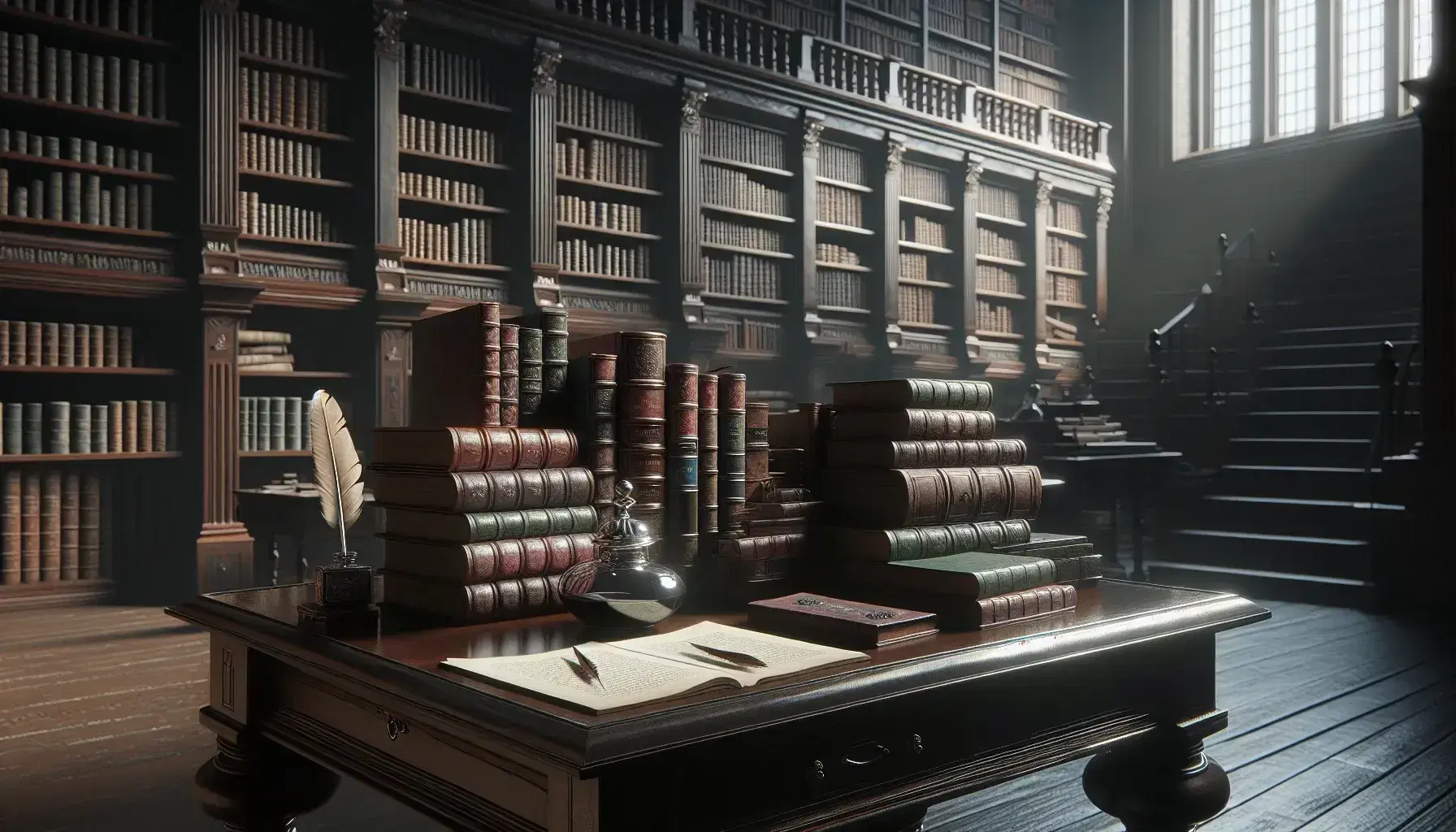 Biblioteca antica con scrivania in legno scuro, libri impilati, calamaio d'argento e piuma, scaffali colmi di volumi e sedia con cuscino rosso.