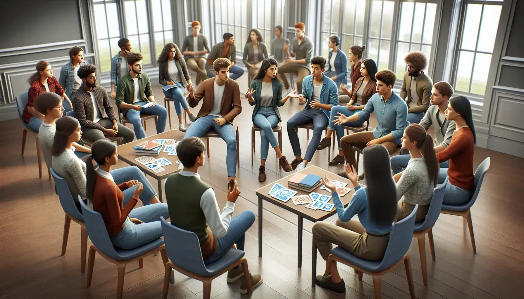 Diverse university students engage in a lively group discussion with animated gestures, standing around in a well-lit classroom promoting cooperative learning.