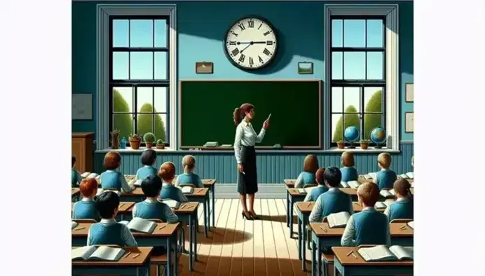 Aula scolastica con insegnante davanti a lavagna vuota, studenti in uniforme attenti, orologio a parete e finestra aperta su cielo sereno.