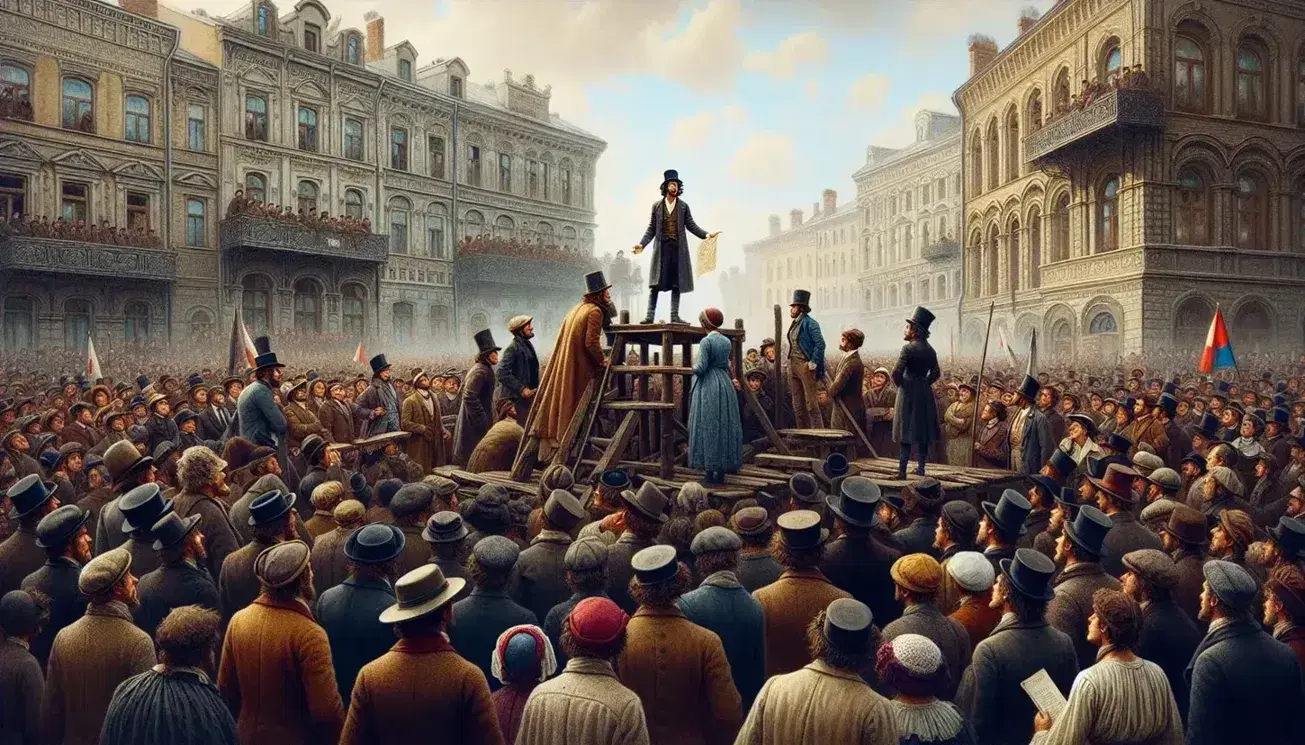 Reunión de personas con vestimenta del siglo XIX en una plaza pública, con un hombre hablando desde una estructura de madera y edificios de época al fondo.