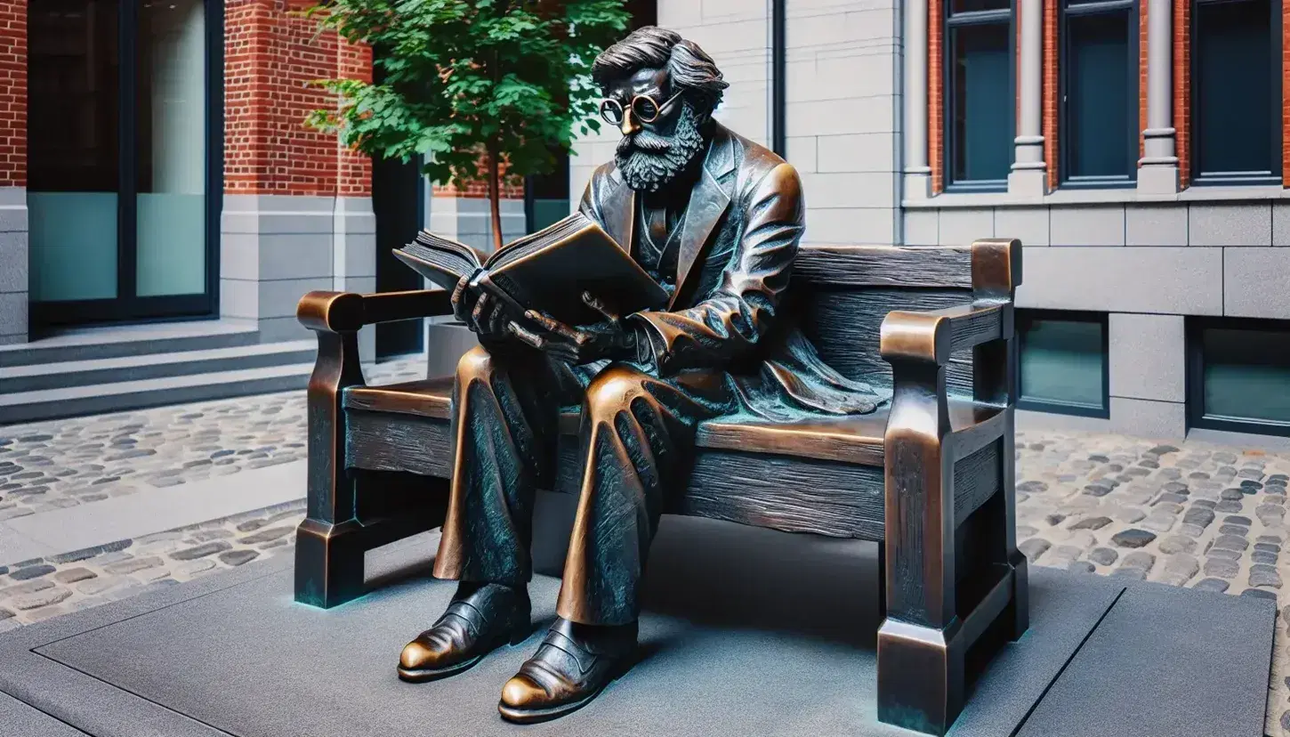 Statua in bronzo di figura intellettuale con occhiali e barba folta seduta su panchina, legge libro aperto, in contesto urbano con albero.