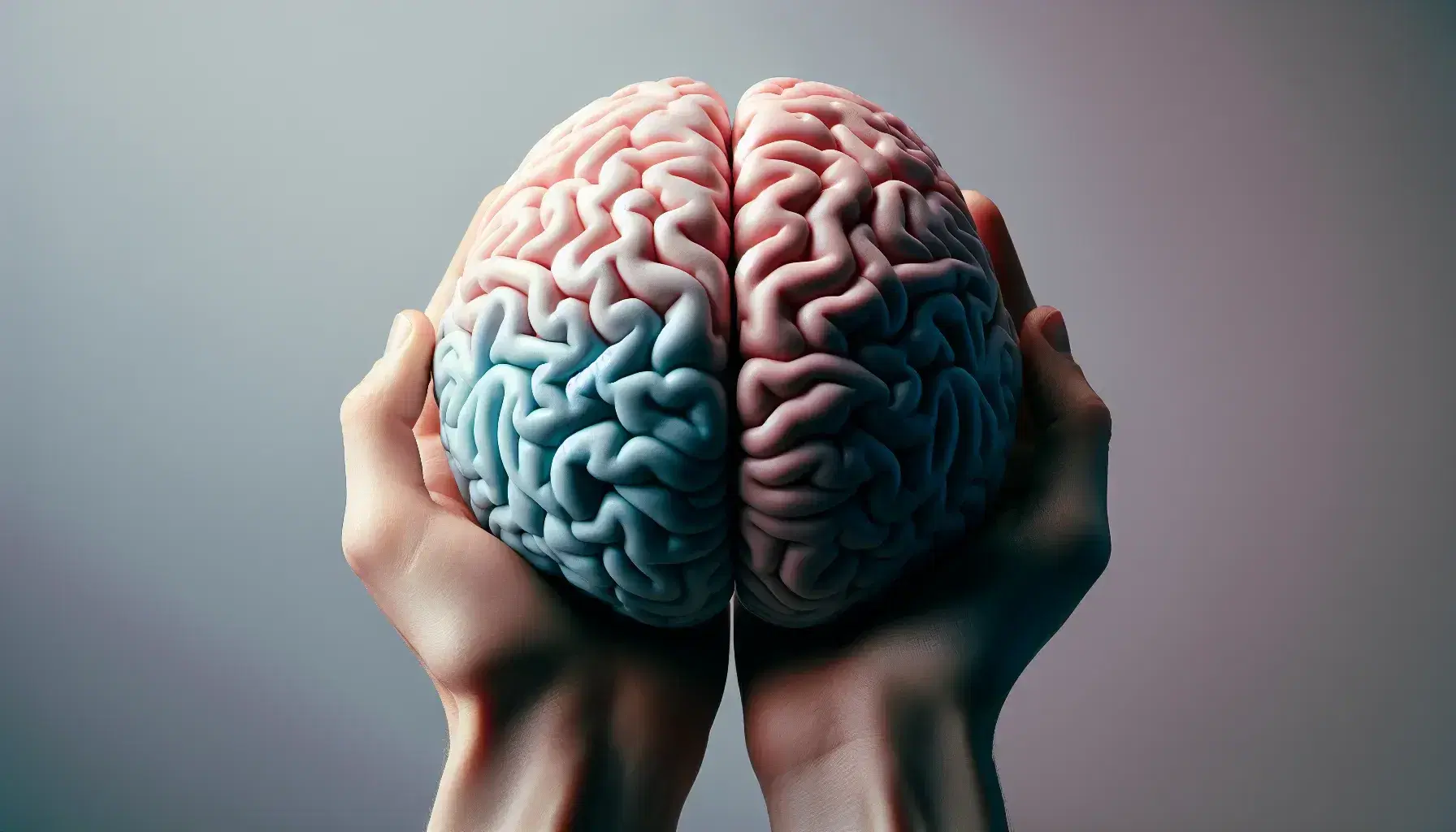 Detailed model of human brain with hemispheres in pink and blue held by caring hands on neutral background, highlighting caring for mental health.