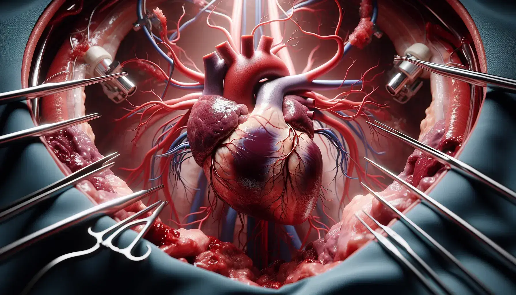Corazón humano realista durante cirugía con arterias rojas y venas azules, rodeado de tejidos y herramientas quirúrgicas, en un pecho abierto.