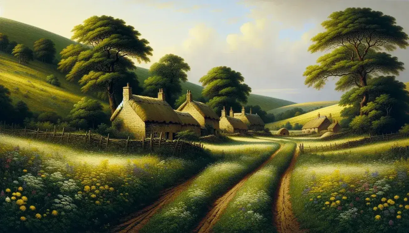 Peaceful rural landscape with thatched stone cottages, a meandering path through a wildflower-dotted field, and rolling green hills under a soft sky at dusk or dawn.