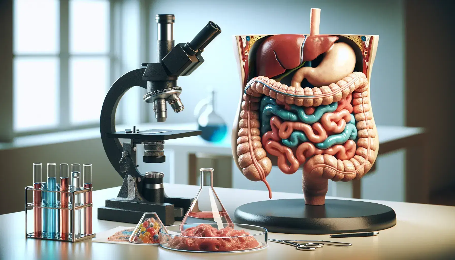 Modelo anatómico tridimensional del sistema digestivo humano en un laboratorio con microscopio y probetas de colores en el fondo.