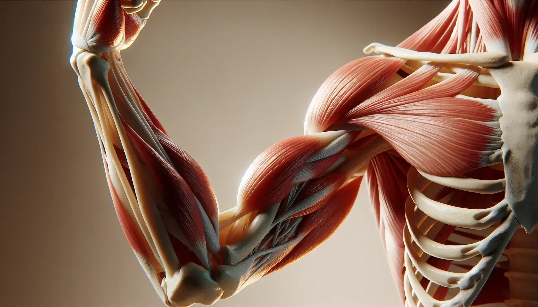 Vista anatómica detallada de un brazo humano flexionándose con músculos, tendones y huesos visibles, destacando el bíceps activo y el tríceps relajado.