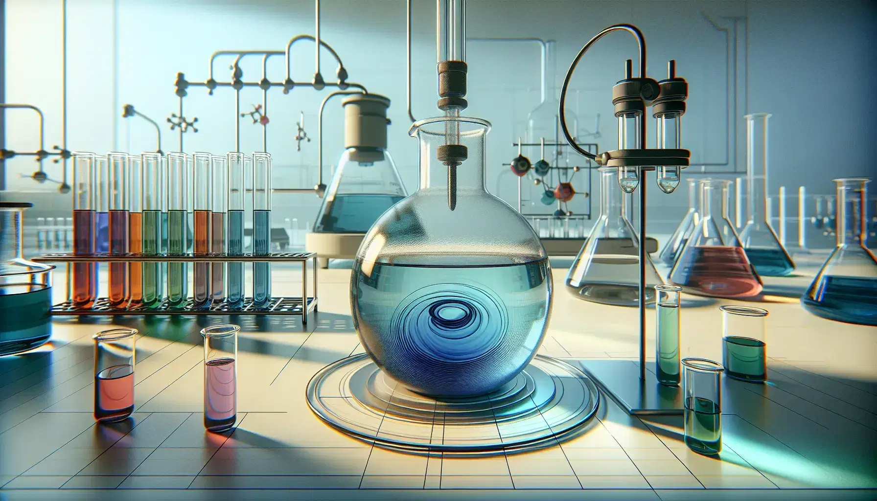 Chemical laboratory with round bottom flask and blue solution, colored test tubes in rack, digital scale and crucible on workbench.