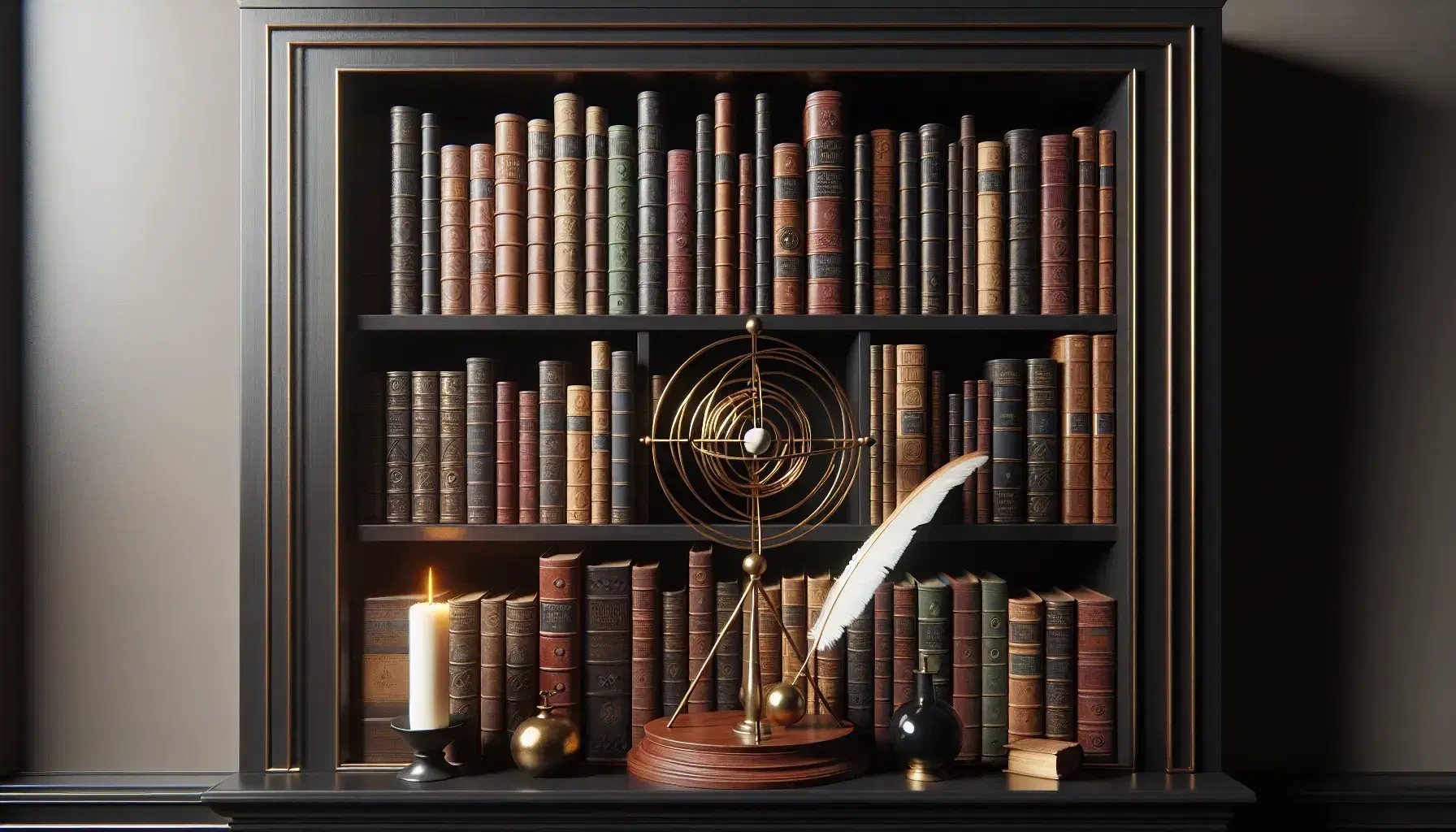 Estantería de madera oscura repleta de libros con esfera armilar dorada, pluma sobre tintero negro y vela blanca en candelabro, contra pared crema.