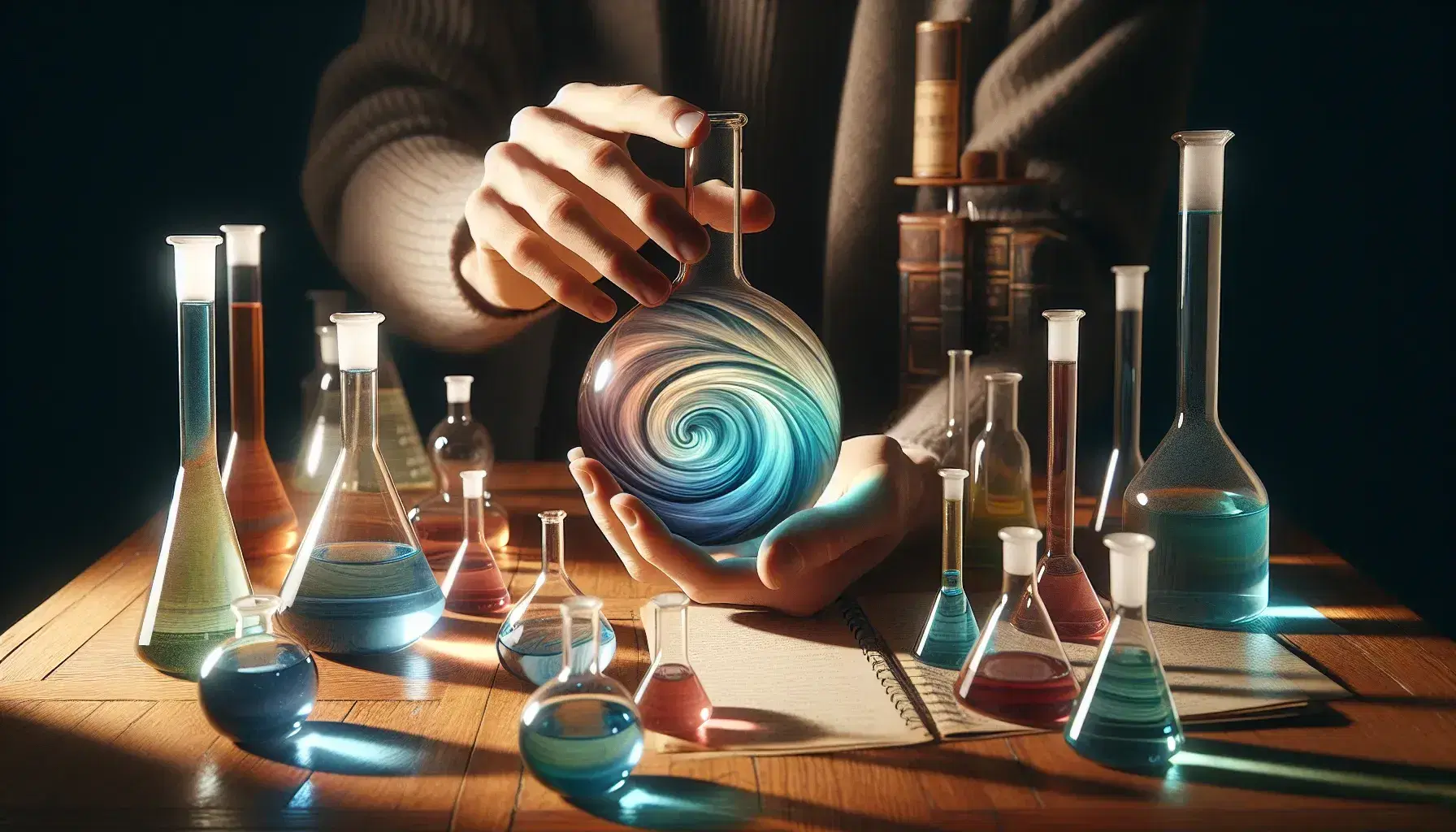 Hand holding a glass flask with blue to turquoise gradient liquid, amidst assorted colorful liquid-filled beakers on a wooden desk.
