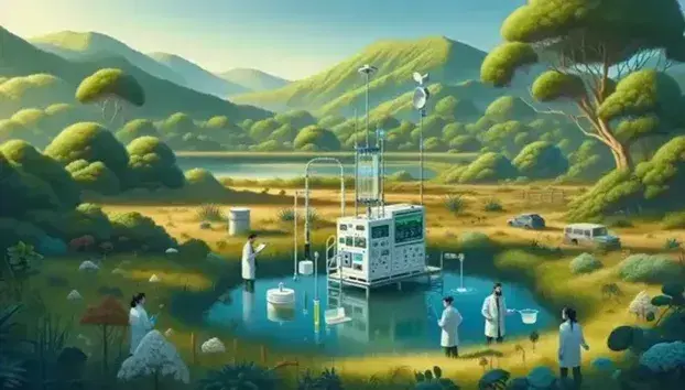 Scientific equipment for research in a natural landscape with weather station, water sampler and three researchers at work.
