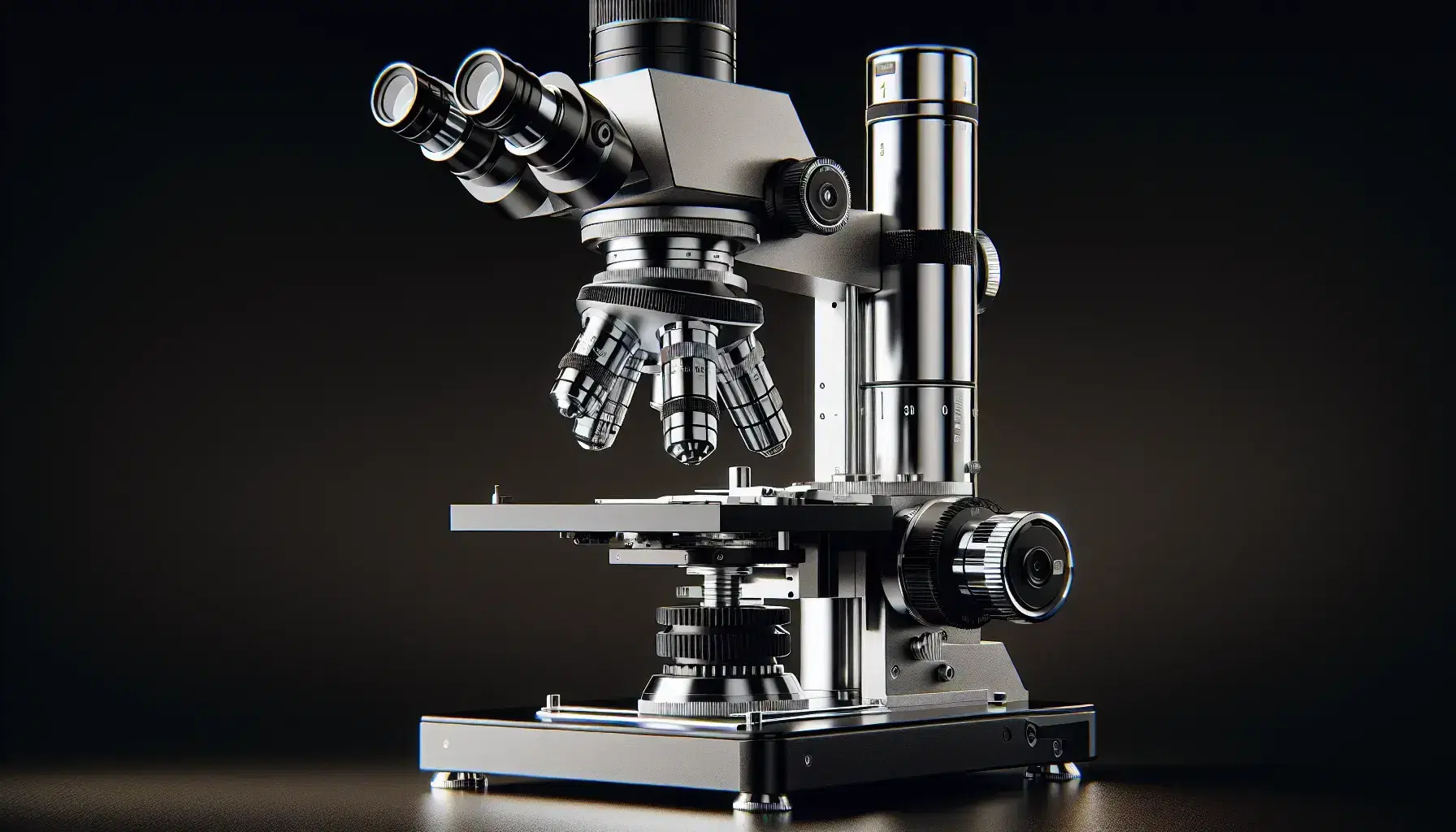 Microscopio óptico moderno con estructura metálica plateada, controles de enfoque, objetivos de distintas magnificaciones y plataforma de muestras iluminada.