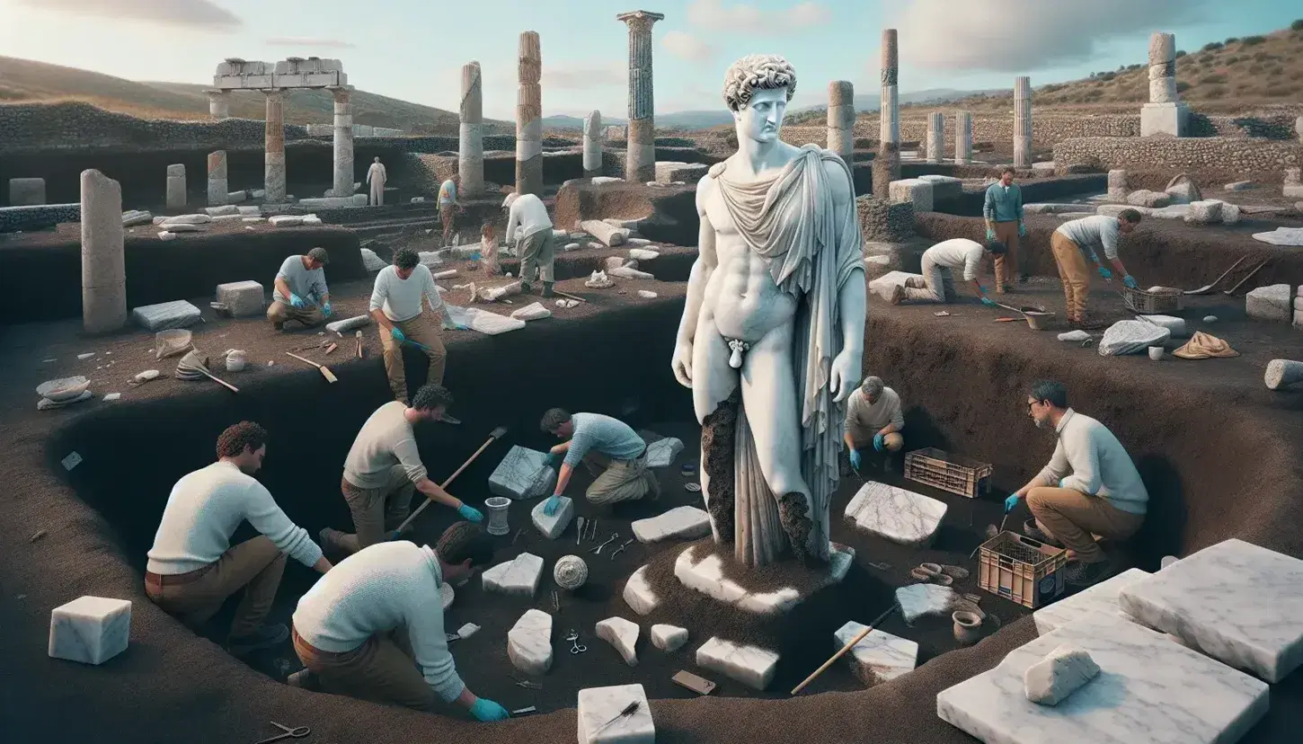 Scavo archeologico con statua marmorea maschile in stile neoclassico parzialmente interrata, circondata da archeologi al lavoro in un sito con colonne antiche.