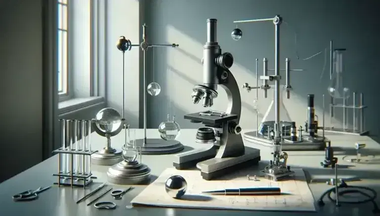 Laboratorio de física con microscopio metálico, péndulo simple, tubo con líquido y lentes ópticas sobre mesa clara, iluminado naturalmente.