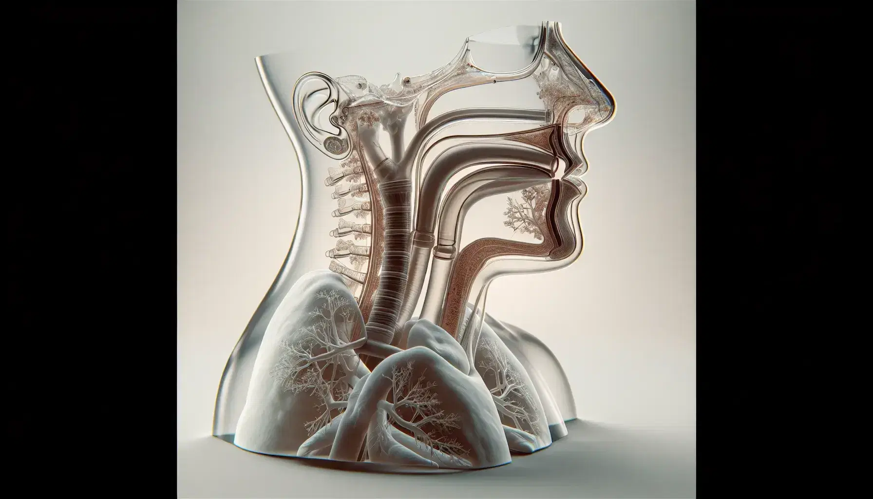 Modello anatomico trasparente del sistema respiratorio umano con naso, faringe, laringe, trachea, bronchi e polmoni visibili.