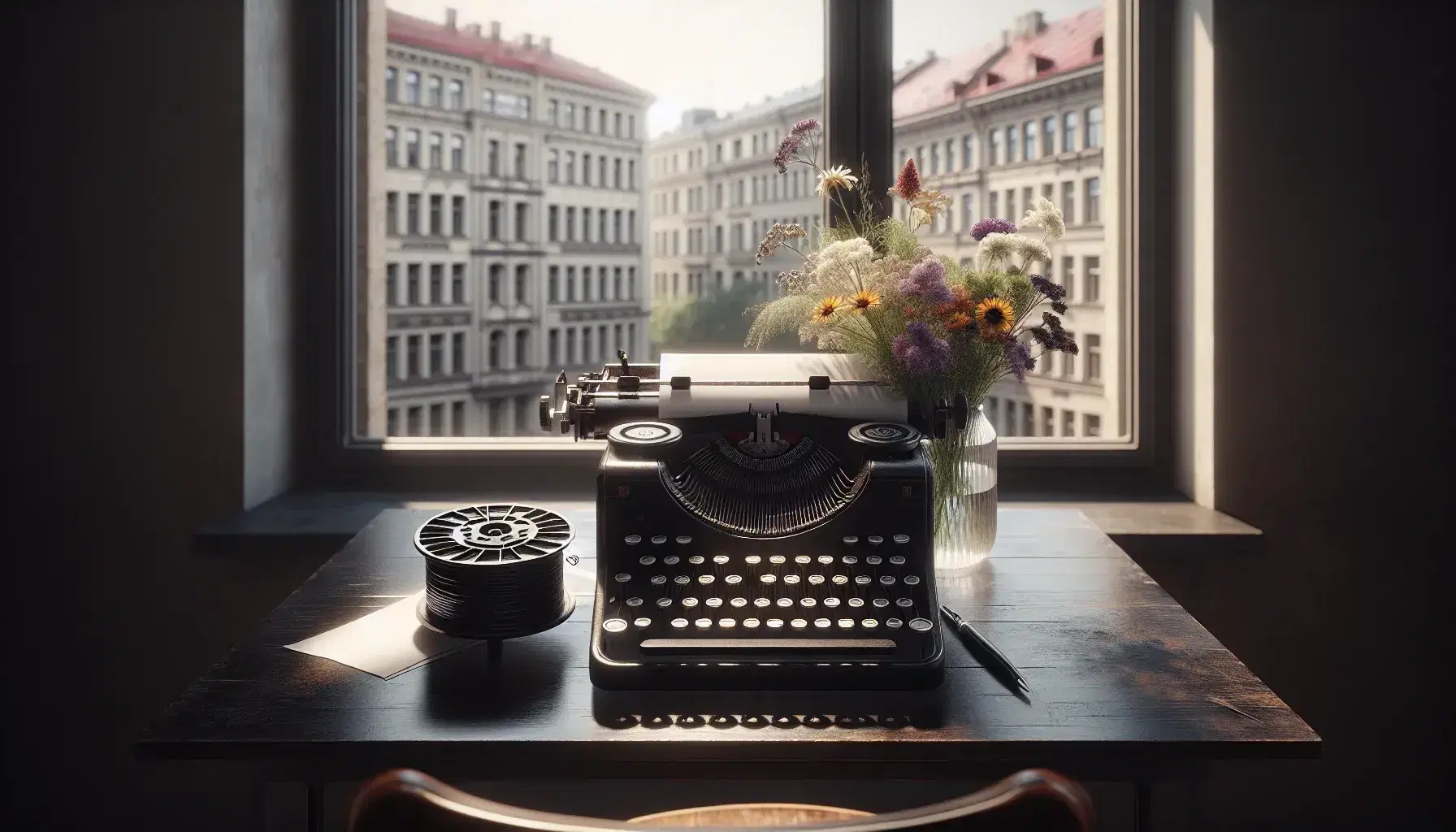 Máquina de escribir antigua con teclas redondas sobre mesa de madera oscura, papel listo para escribir, ventana abierta con vista urbana y jarrón con flores silvestres.