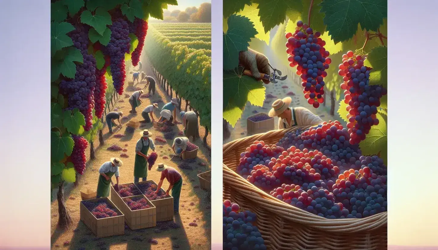 Vendemmia in vigneto soleggiato con grappoli di uva rossa matura, lavoratori con cesti e attrezzi tra filari verdi.
