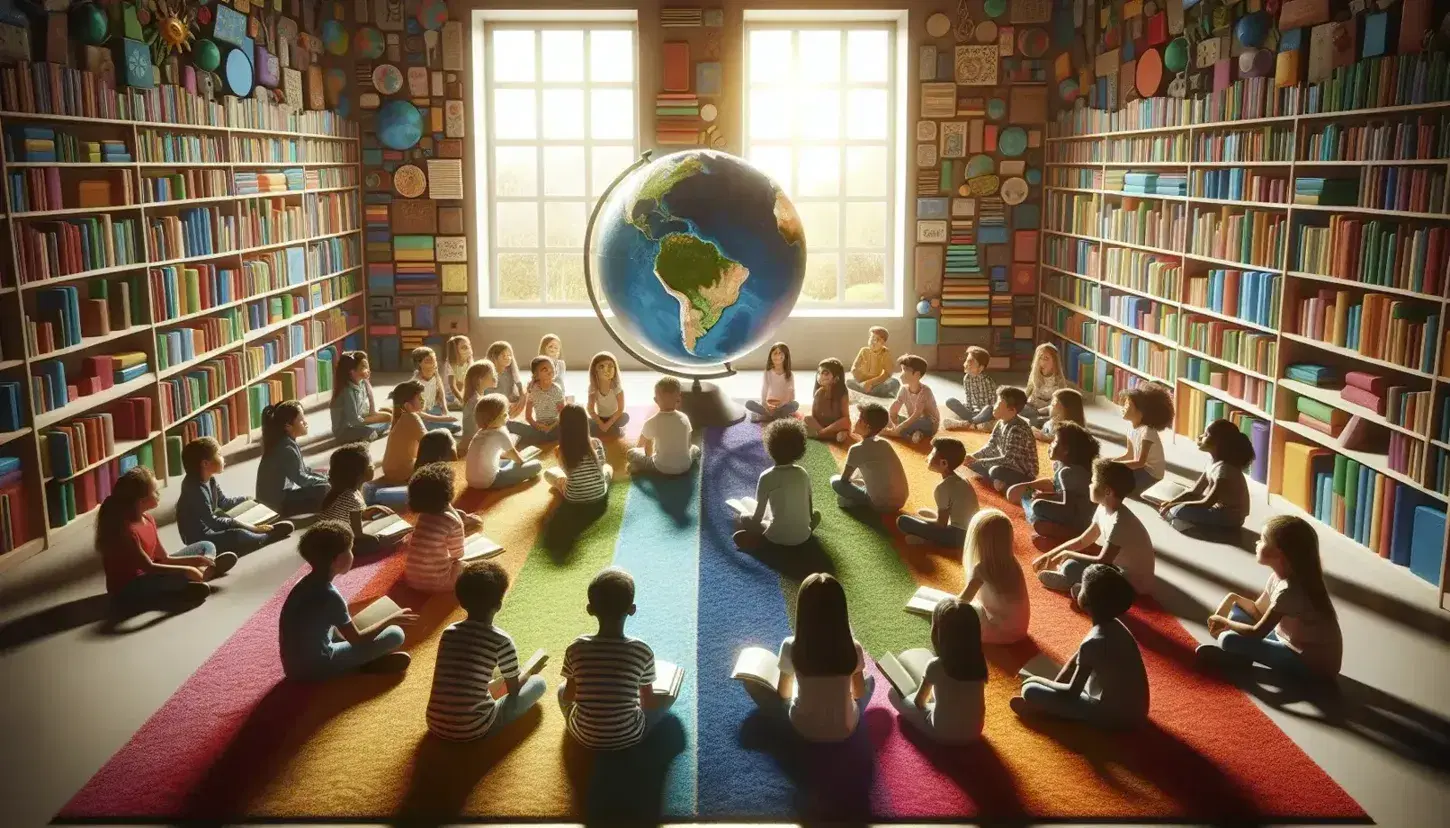 Grupo diverso de niños y adolescentes sentados en semicírculo en una alfombra colorida, con libros y un globo terráqueo, en una sala iluminada naturalmente.