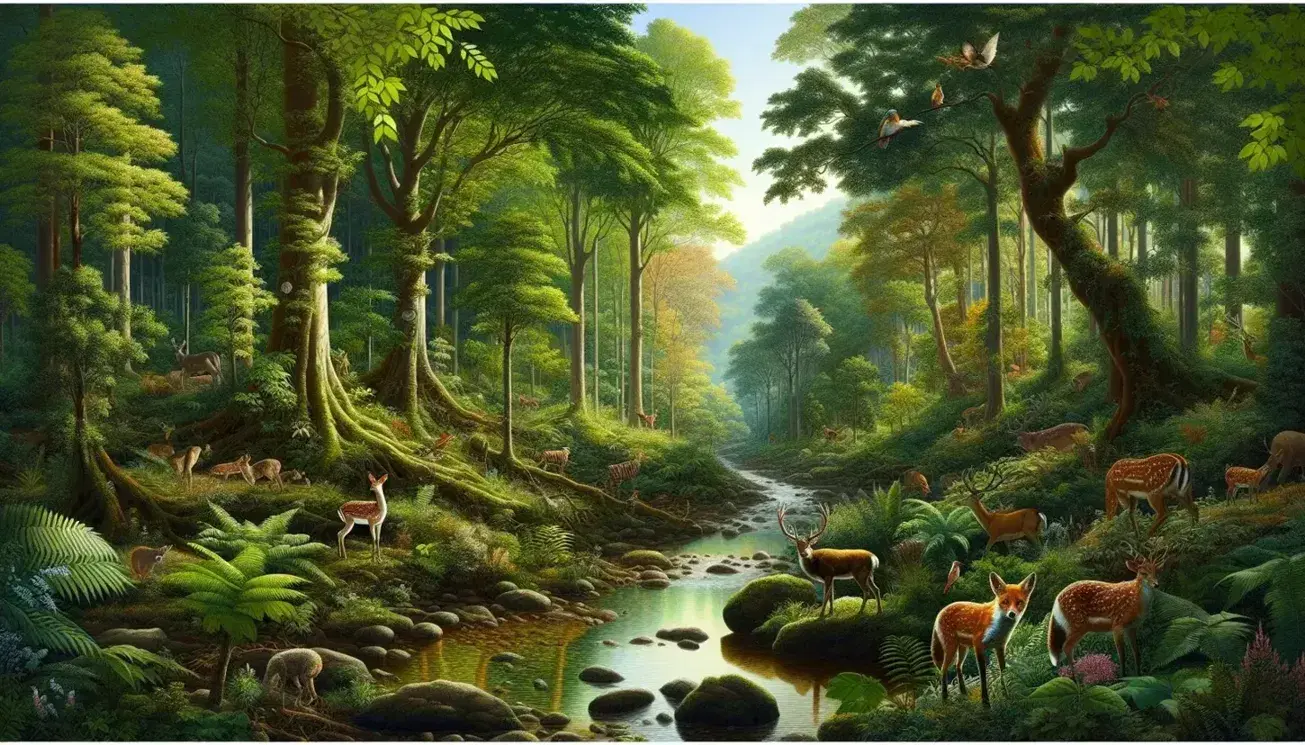 Foresta rigogliosa con cervo, volpe rossa e uccelli colorati vicino a ruscello serpeggiante, riflessi solari tra foglie.