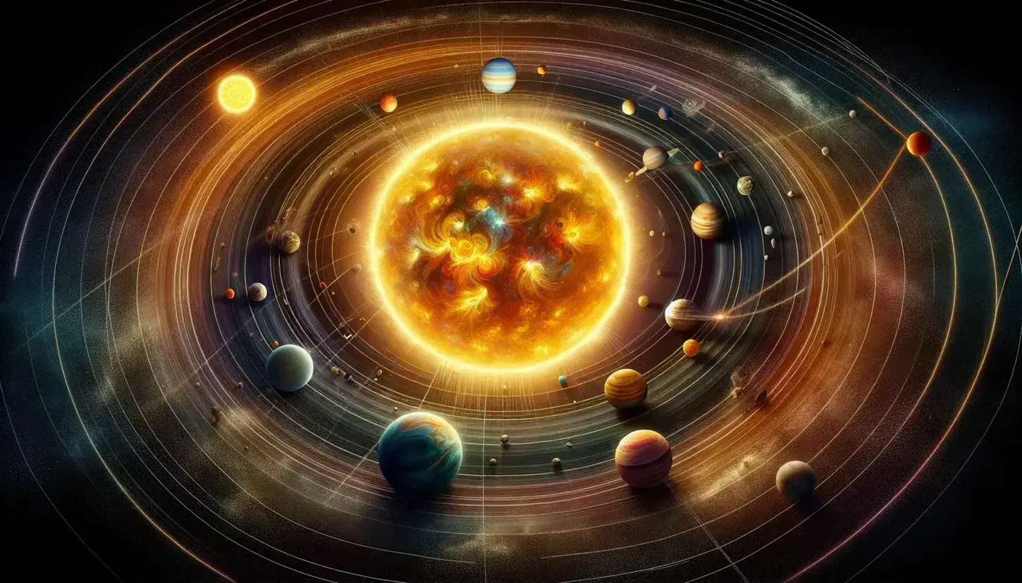 Rappresentazione artistica del sistema solare con il Sole al centro e otto pianeti su orbite, inclusi corpi minori come asteroidi.