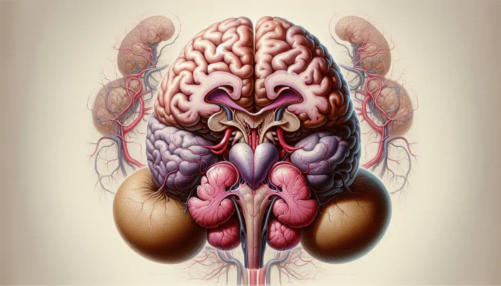 Rappresentazione dettagliata del cervello umano dall'alto con emisferi definiti e ghiandole surrenali simmetriche su sfondo neutro.