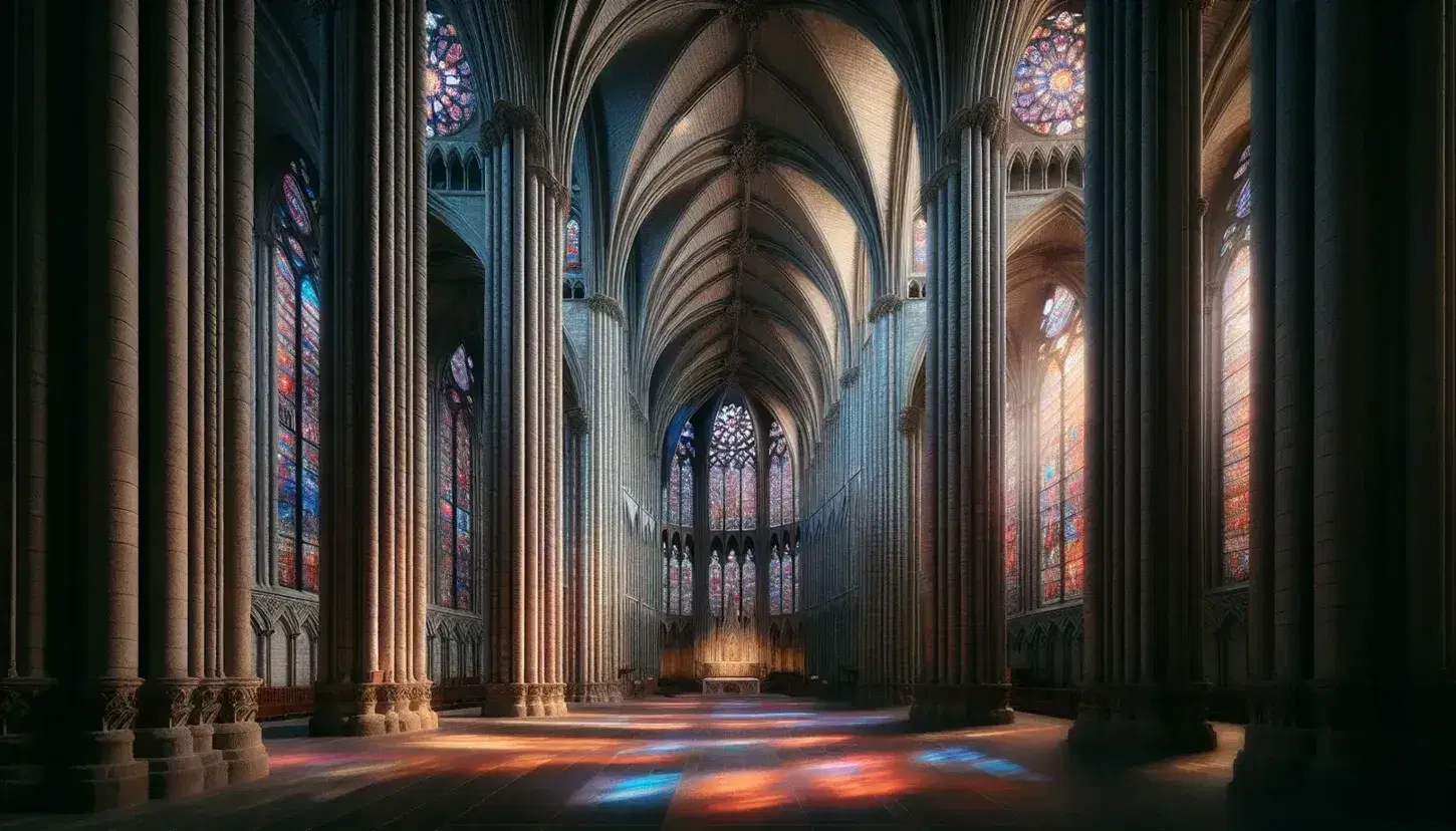 Interno gotico di cattedrale con colonne slanciate, volte a crociera e vetrate policrome che filtrano luce colorata sul pavimento.