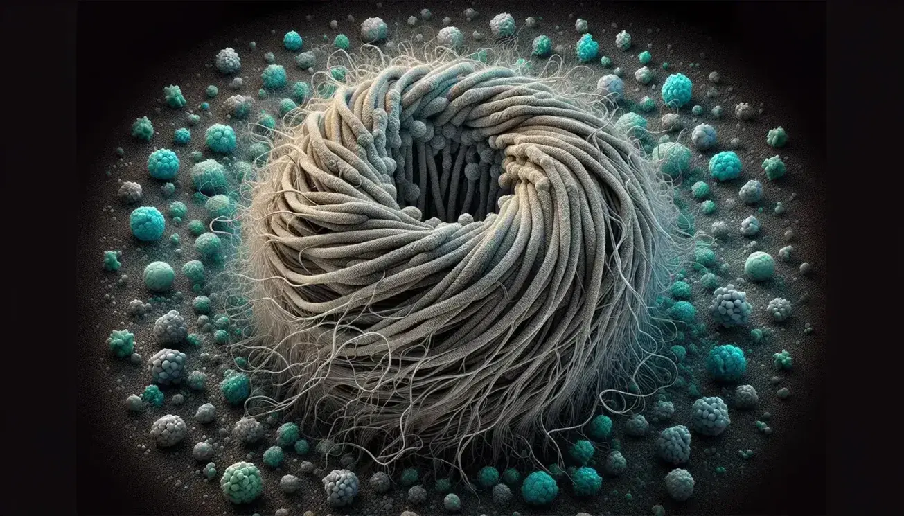 Microscopia elettronica a colori della matrice extracellulare con strutture fibrose grigie simili a corde e sfere blu che rappresentano proteine globulari.