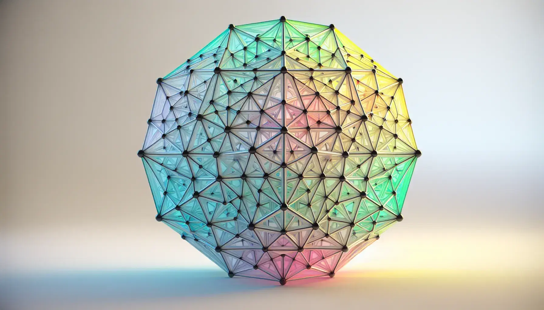 Multicolored three-dimensional dodecahedron with pentagonal faces and black vertices on a white background, subtle reflections and translucent gradient.