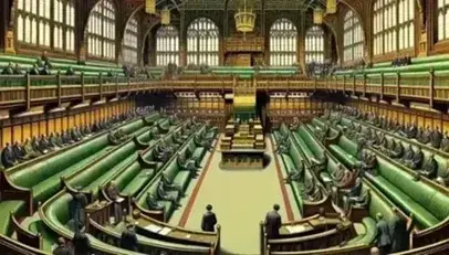 Parliamentary House of Commons chamber with green leather benches, elevated speaker's chair, gold maces, and spectators in gallery.