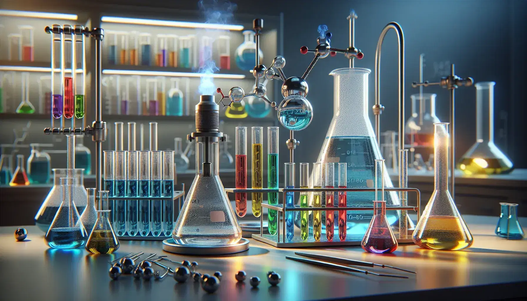 Laboratorio químico con tubos de ensayo de colores, matraz Erlenmeyer y mechero Bunsen encendido, en un ambiente limpio y ordenado.