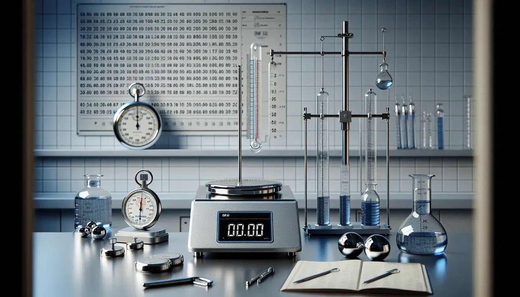 Laboratorio scientifico con bilancia analitica di precisione, set di pesi calibrati, cronometro analogico, termometro al mercurio e cilindro graduato con liquido blu.