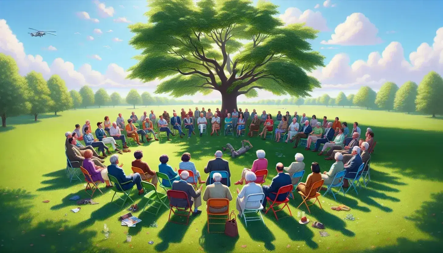 Gruppo eterogeneo in cerchio su sedie colorate all'aperto, conversa sotto albero rigoglioso in una giornata soleggiata.