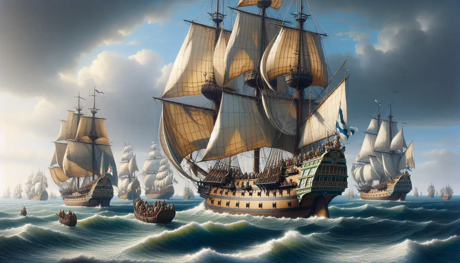 Flotta di navi a vela olandesi del XVII secolo in mare aperto con vele spiegate, dettagli in legno chiaro e figure umane sul ponte.