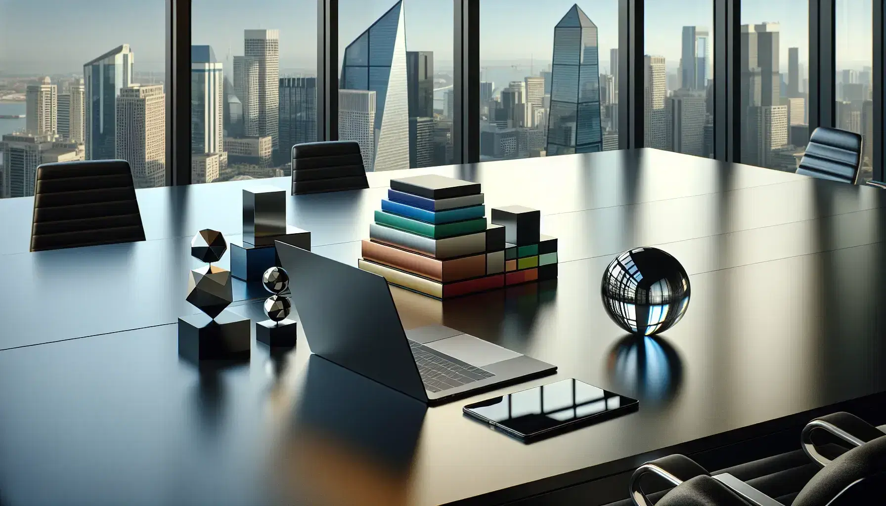 Modern office with city view, reflective wooden table with laptop, smartphone, colorful books, and geometric shapes, bathed in natural light.