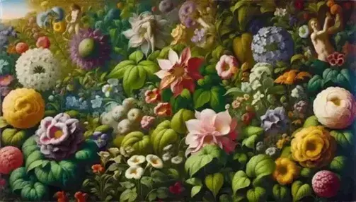 Dettaglio floreale da "La Primavera" di Botticelli, con fiori multicolori e foglie verdi, senza figure mitologiche.
