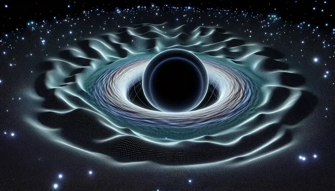 Modelo tridimensional de un agujero negro con disco de acreción y malla espaciotemporal curvada, rodeado de estrellas y sección de galaxia espiral.