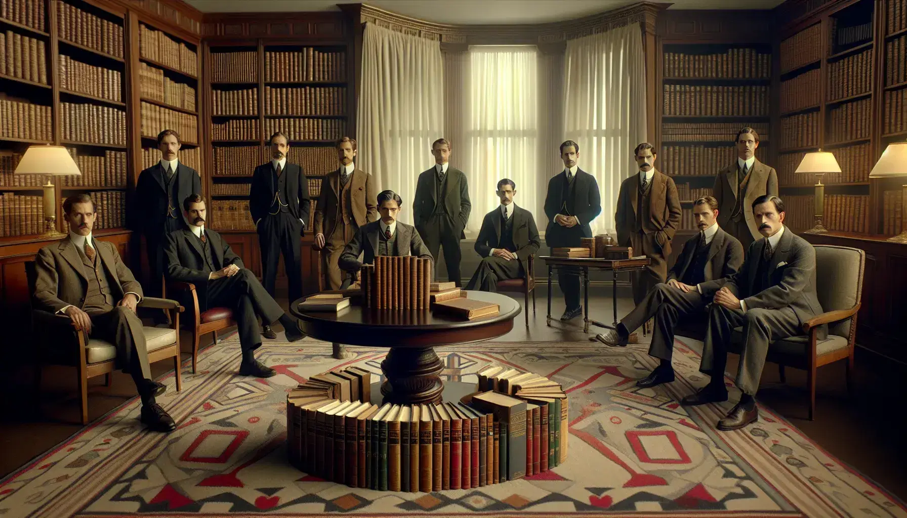 Grupo de diez hombres con trajes de los años 20 y 30 posando en un salón clásico con libros sobre una mesa redonda y estantería al fondo.