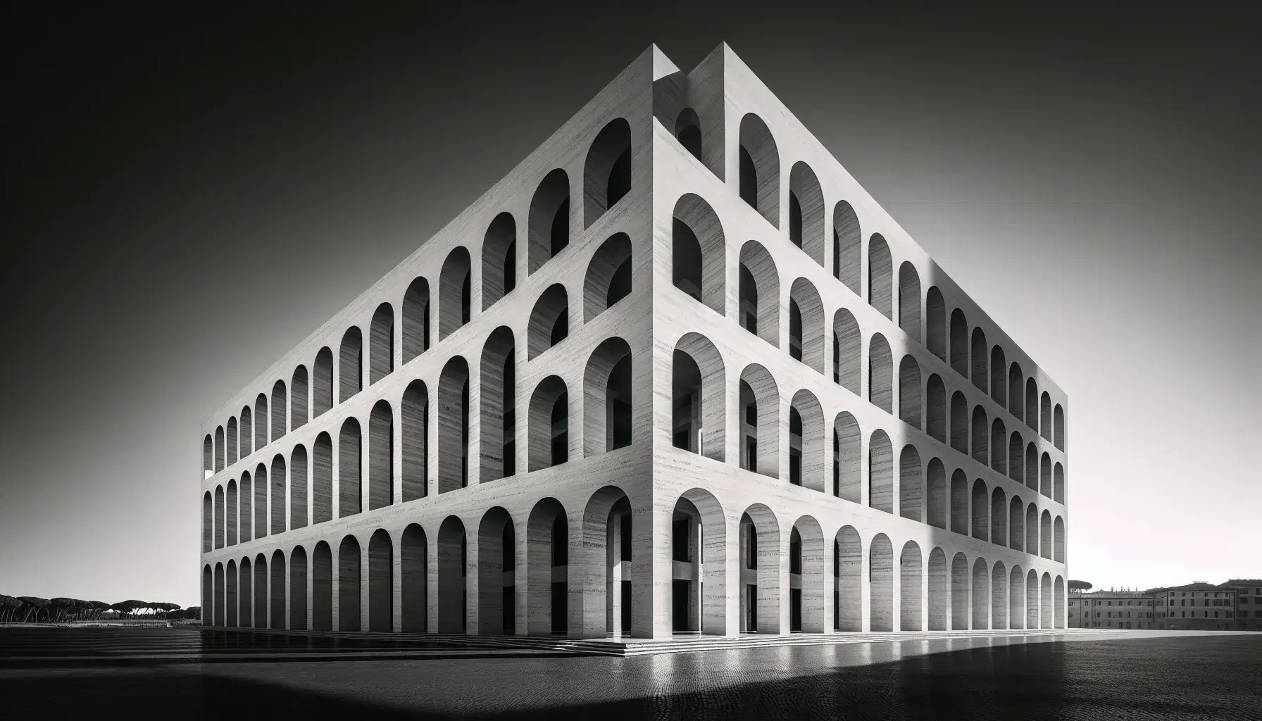 Palazzo della Civiltà Italiana in bianco e nero, con archi sovrapposti su quattro livelli e facciata simmetrica in travertino, cielo sereno.